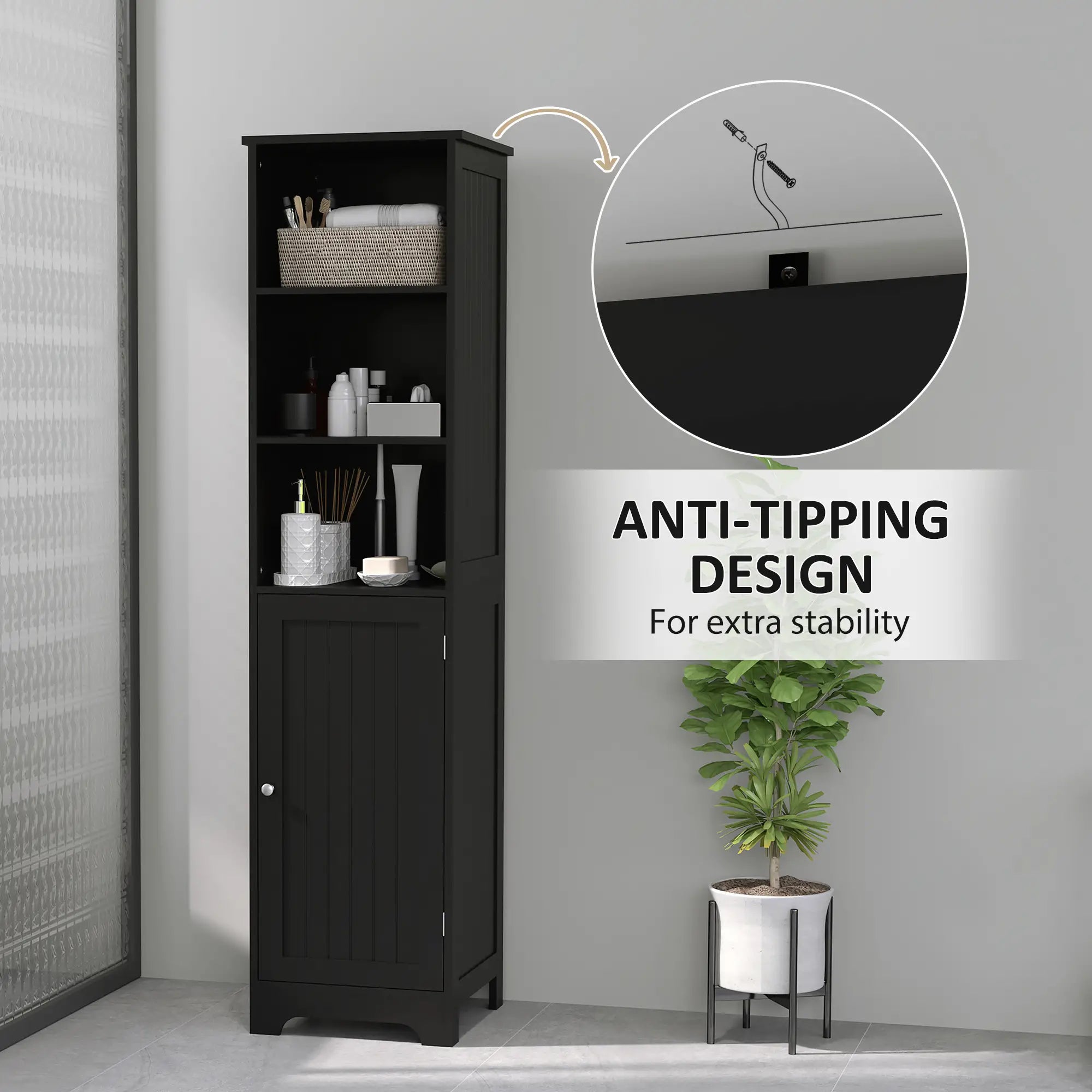 Tall Bathroom Storage Cabinet, Freestanding with Adjustable Shelf, 3 Open Shelves, Black Bathroom Cabinets at Gallery Canada