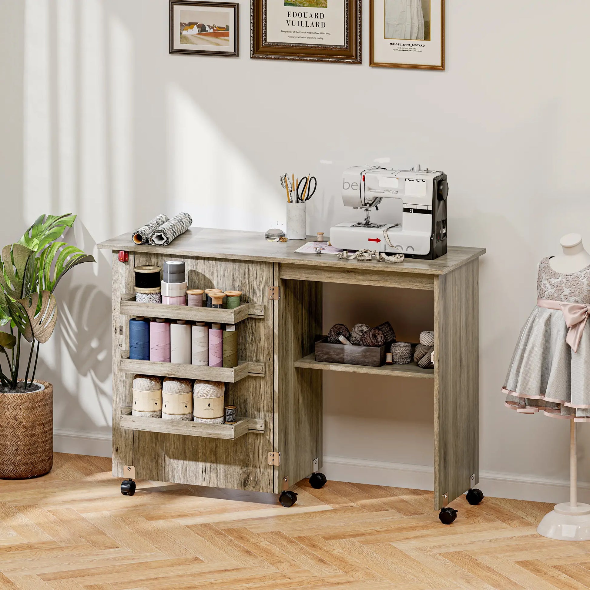 Folding Sewing Table with Storage Shelf, Bins, Lockable Wheels, Grey Storage Cabinets at Gallery Canada