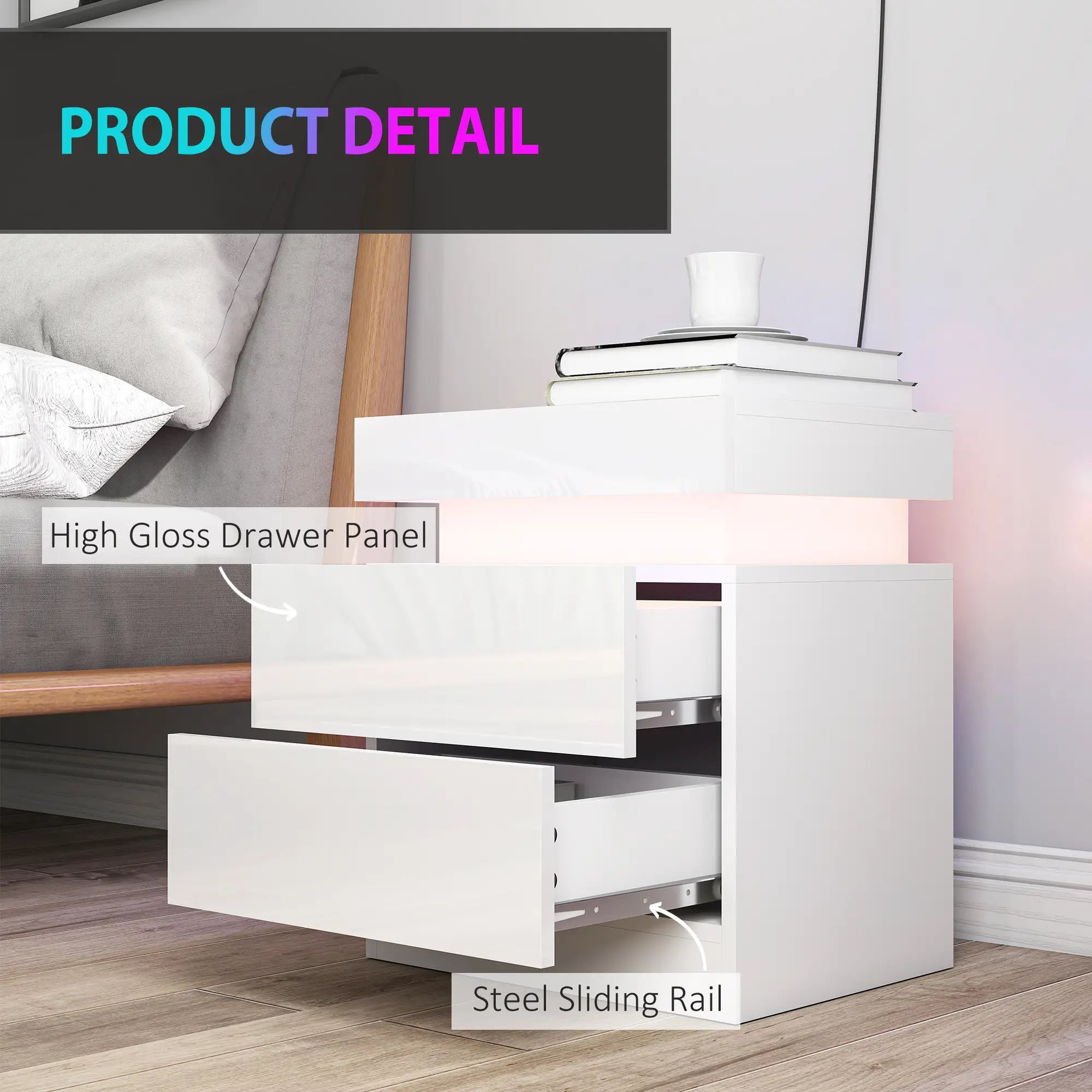 Nightstand Set of 2, LED Lights, 2 Drawers, White Bedside Tables at Gallery Canada
