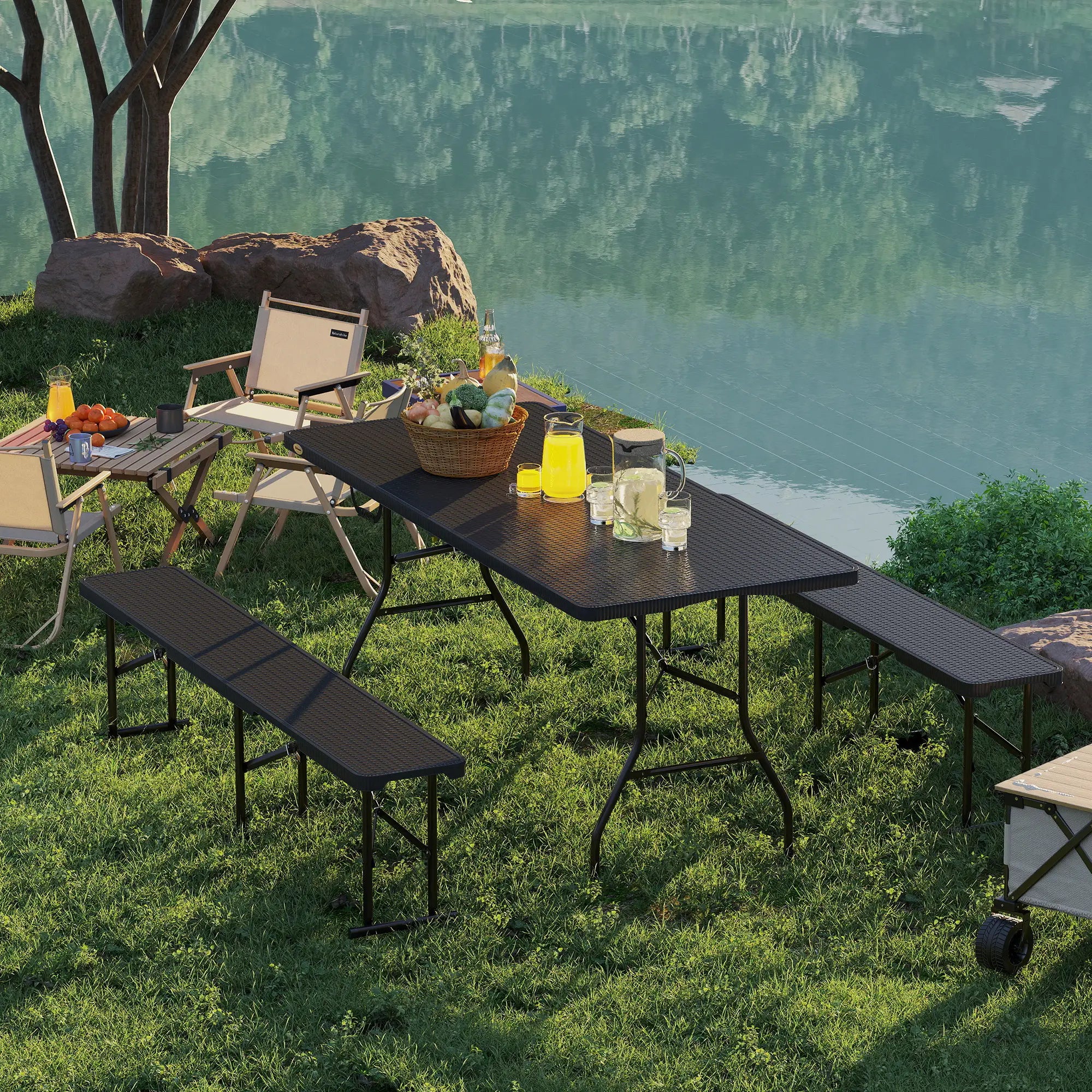 6FT 3PCS Faux Rattan Outdoor Table Bench Set, Folding Picnic Table with 2 Benches, Black Picnic Tables & Camping Chairs at Gallery Canada