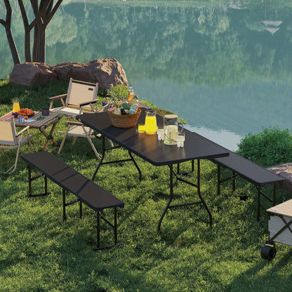 6FT 3PCS Faux Rattan Outdoor Table Bench Set, Folding Picnic Table with 2 Benches, Black Picnic Tables & Camping Chairs at Gallery Canada