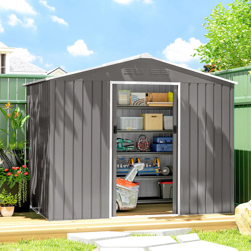 8' x 6' Metal Outdoor Storage Shed, Lockable Sliding Doors, Light Grey