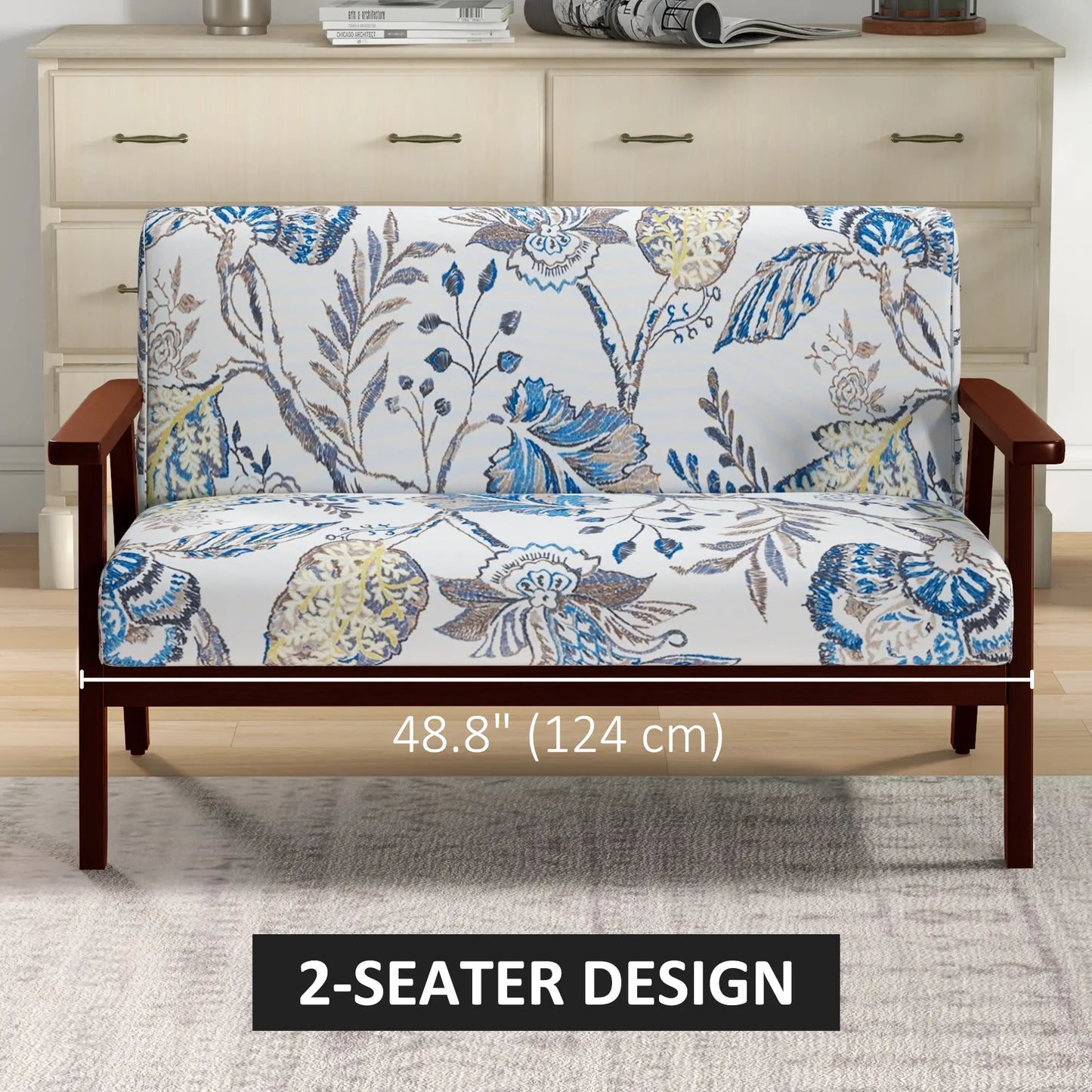 Compact Loveseat Sofa, Linen Fabric, Rubber Wood Legs, Multicolour