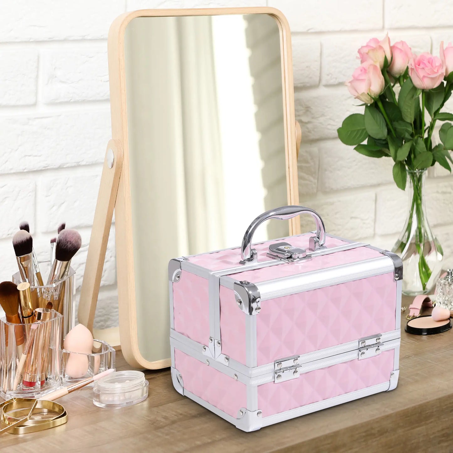 3 Tier Diamond Texture Makeup Case, Cosmetic Organizer with Mirror, Pink Makeup Cases at Gallery Canada
