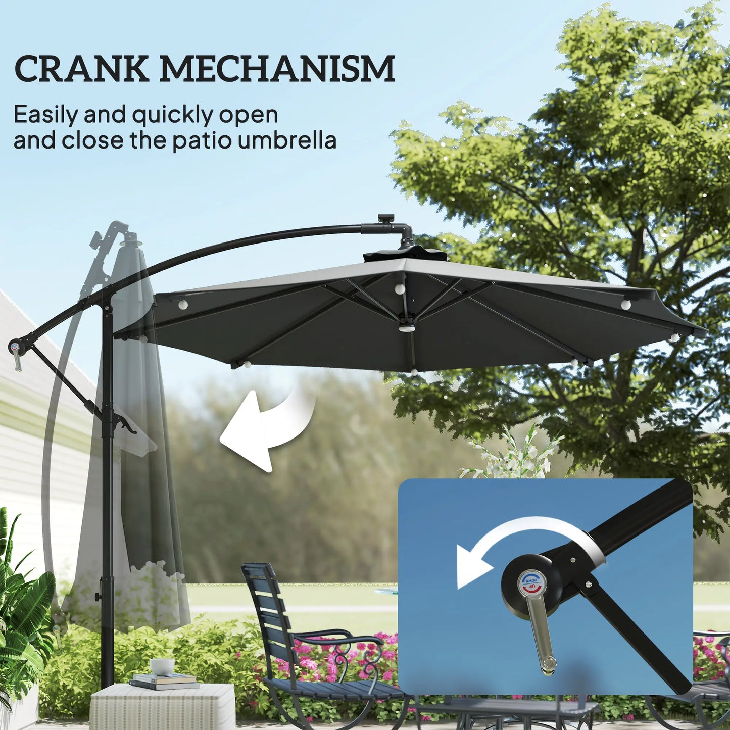 8.8FT Cantilever Patio Umbrella, Solar LED Lights, Crank Handle, Grey Offset Cantilever Umbrellas at Gallery Canada
