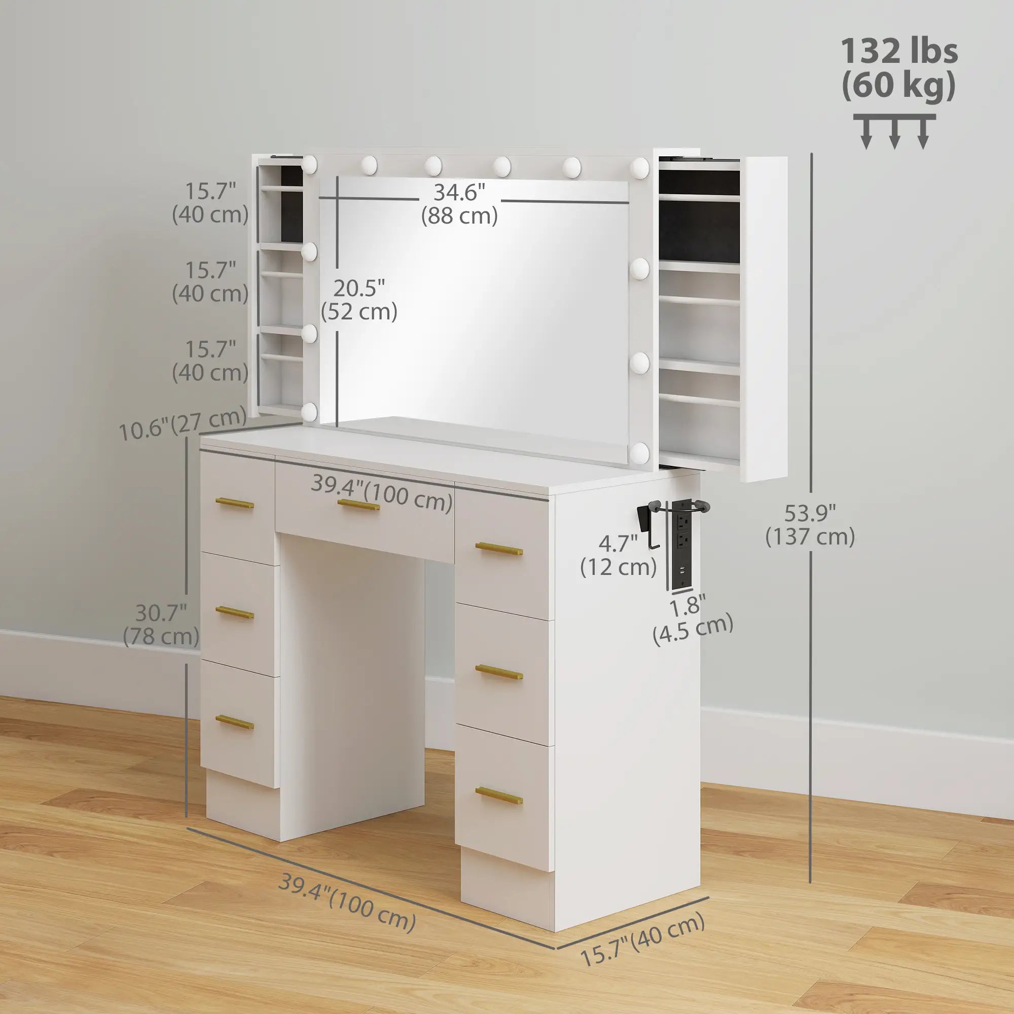 Makeup Vanity Desk with Mirror, Lights, 7 Drawers, White Dressing & Vanity Tables at Gallery Canada
