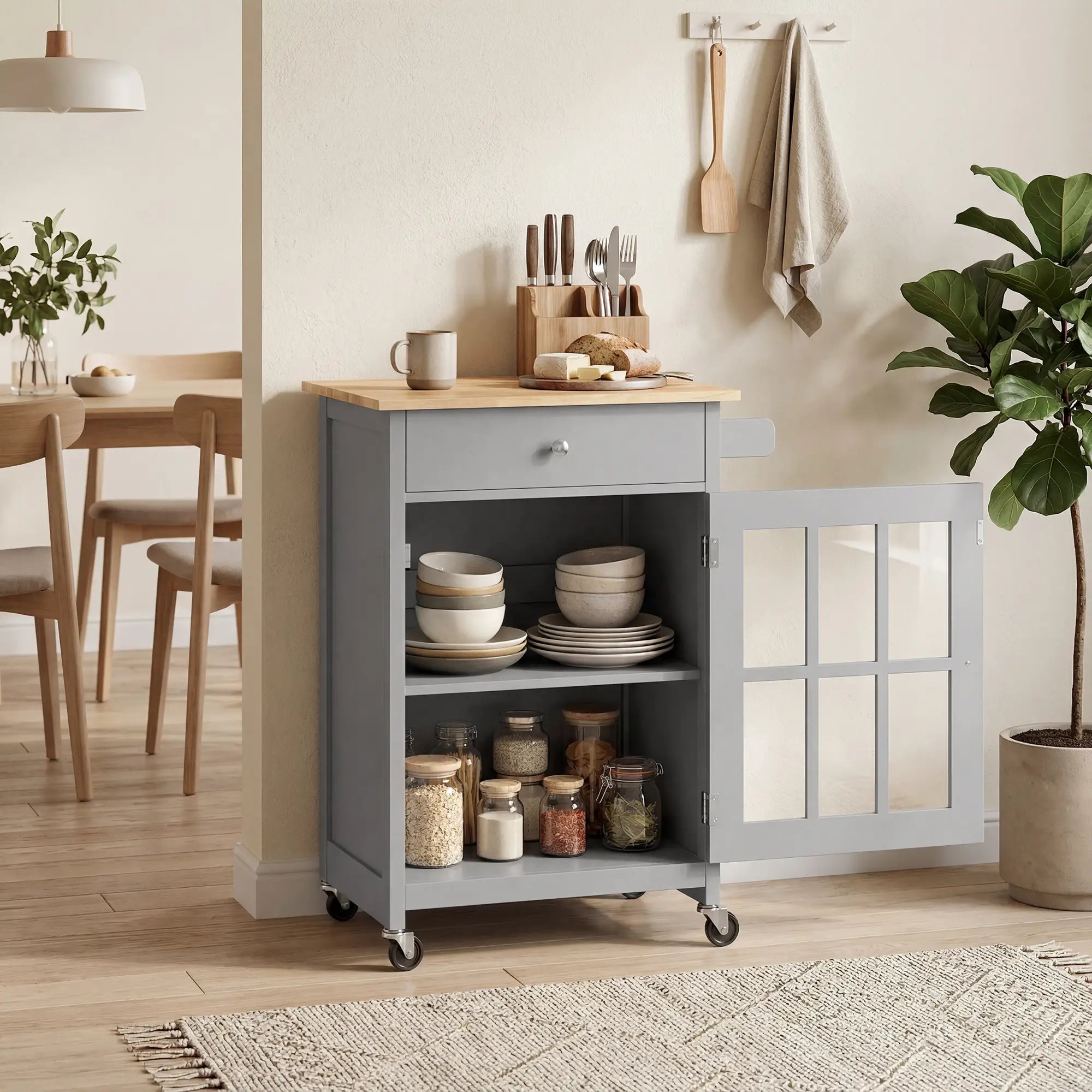 Rolling Kitchen Cart with Drawer and Glass Door Cabinet, Kitchen Island on Wheels with Towel Rack, Dark Grey Kitchen Islands & Kitchen Carts at Gallery Canada