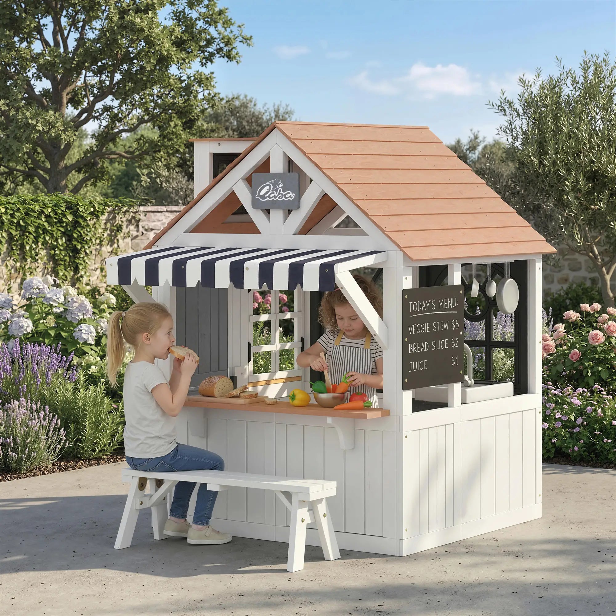 Wooden Kids Playhouse With Dog Door, Cookware, Blackboard, Bench, Doorbell Play Houses at Gallery Canada