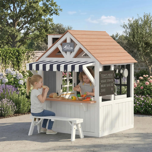 Wooden Kids Playhouse With Dog Door, Cookware, Blackboard, Bench, Doorbell