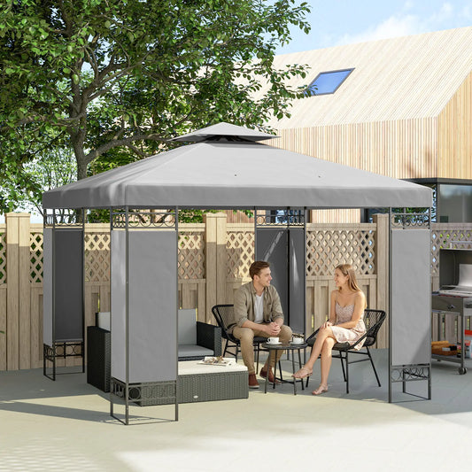 10x10 FT Canopy Gazebo, Double Roof With Screen Panels, Light Grey Gazebos Light Grey at Gallery Canada
