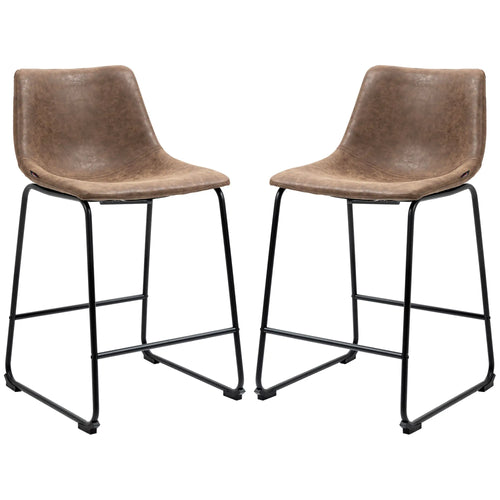 Vintage PU Leather Bar Stools, Set of 2, Counter Height, Brown