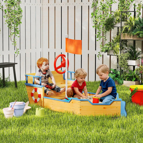 Kids Wooden Pirate Ship Sandbox, Outdoor Playset w/ Bench Seat, 3-6 Years