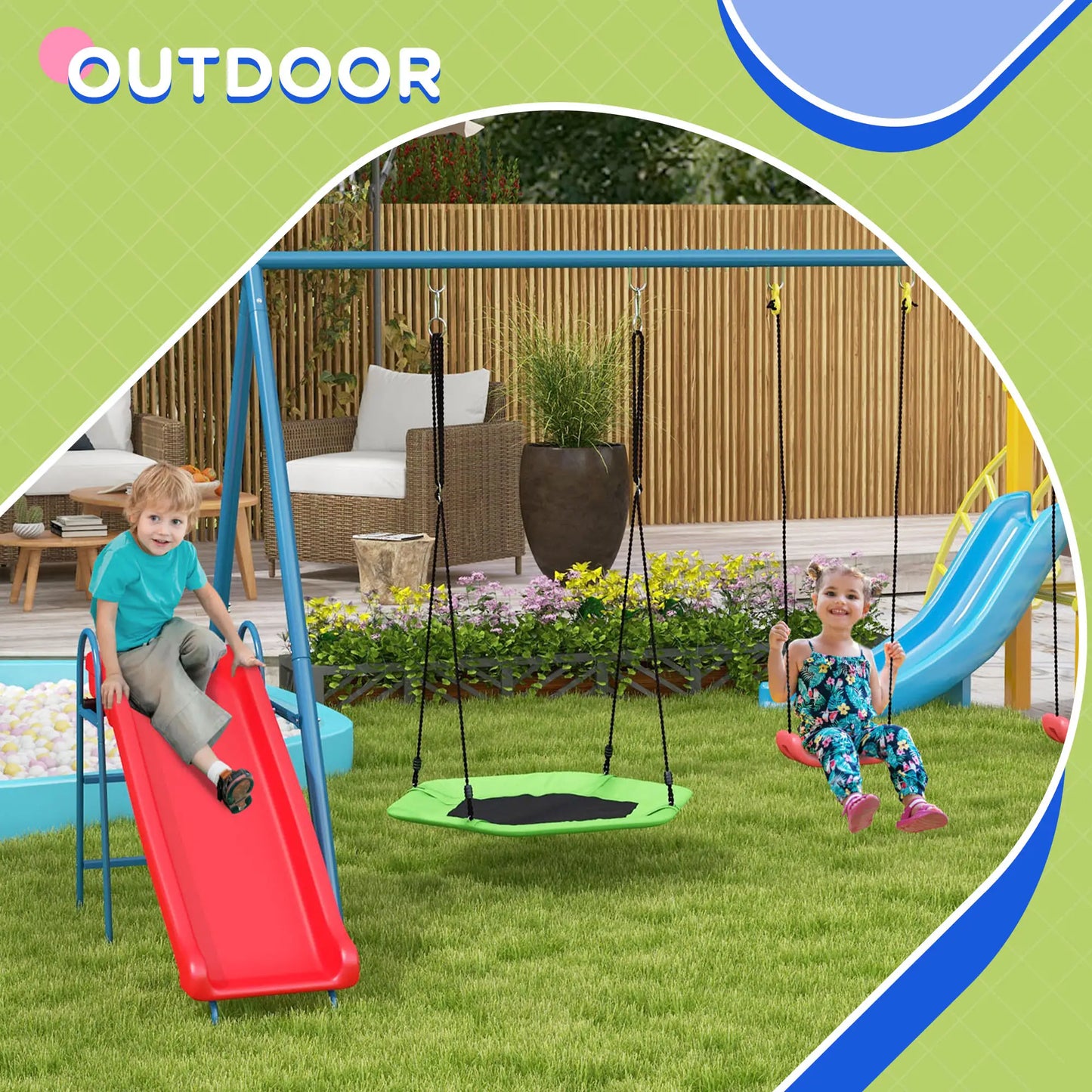 Metal Swing Set, 3 In 1 Design, Nest Swing, 2 Seats, Slide, 352 Lbs, Ages 3-8 Gym Sets & Swings at Gallery Canada