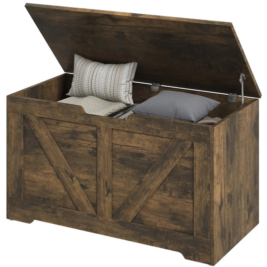 Coffre de rangement en bois de 31,5 pouces, 2 charnières de sécurité, grain de bois brun