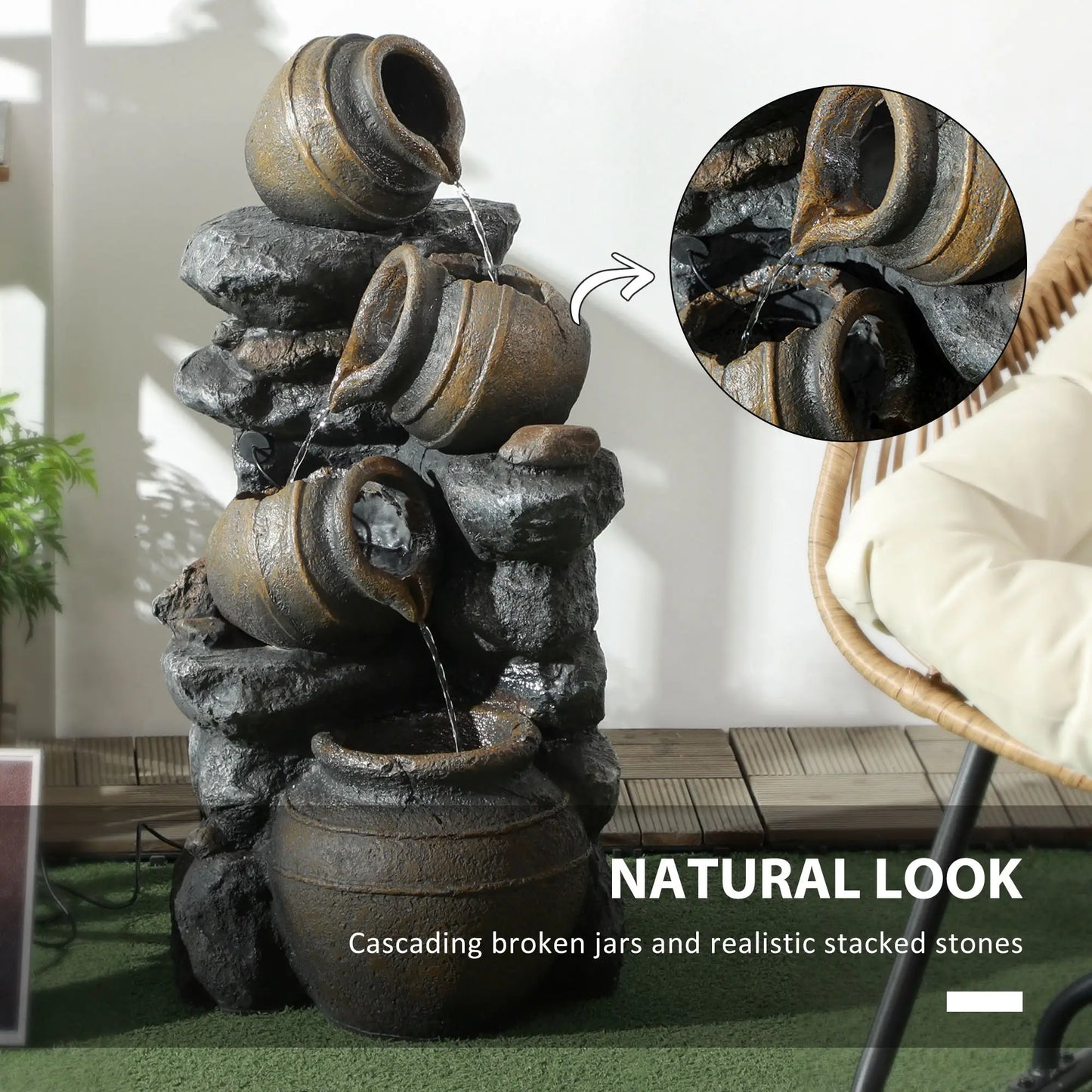 28.3" Solar Water Fountain, 4-Tier Resin Cascading Jars with LED Lights Water Fountains at Gallery Canada