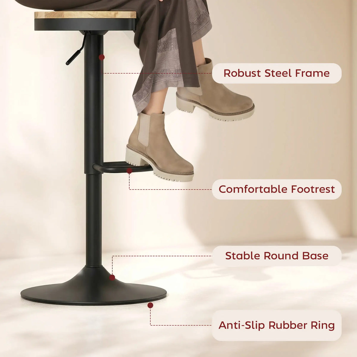 Wood Swivel Barstools Set Of 2, Adjustable Height, Natural Wood And Black, Black Bar Stools at Gallery Canada
