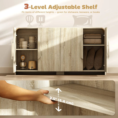 62" Sideboard Buffet Cabinet, Modern Kitchen Storage, Natural Wood