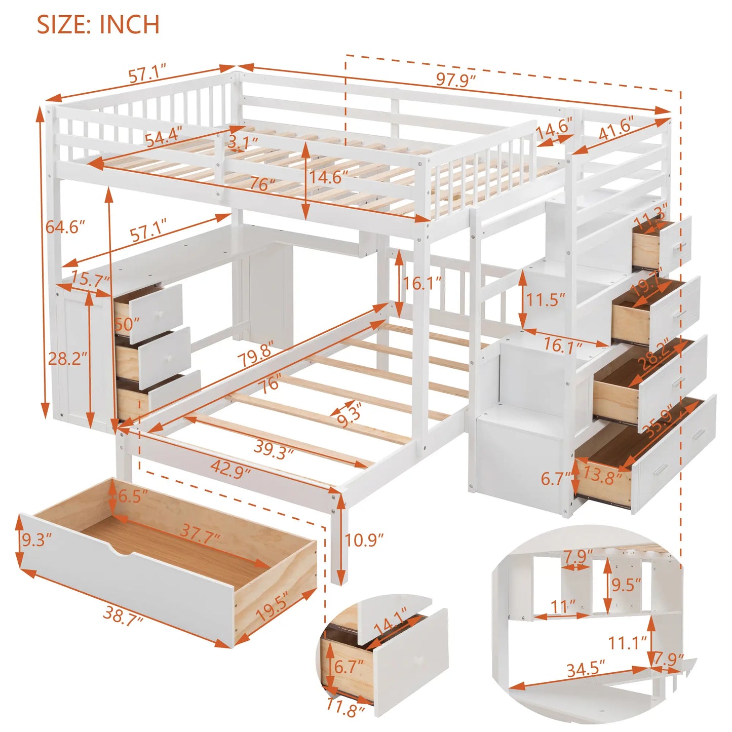 Over Twin Bunk Bed with Desk, Drawers, Shelves, 98" L x 80" W x 64.5" H, White Bed Frames at Gallery Canada