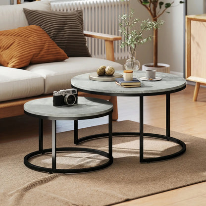 Coffee Table Set Of 2, Nesting Side Tables, Metal Base, Marble Grey, Grey Coffee Tables at Gallery Canada
