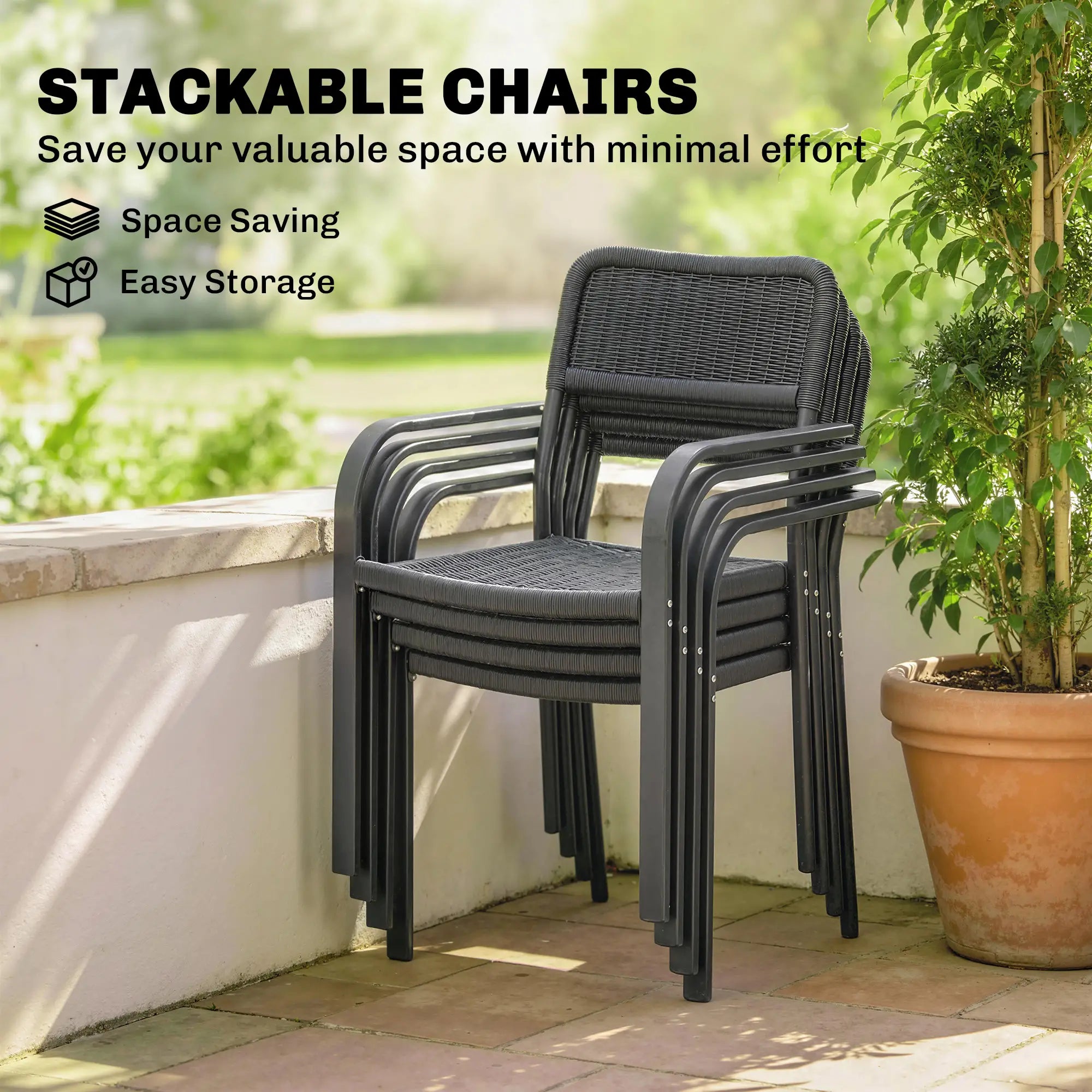 Outdoor Dining Set For 4, Faux Wood Metal Patio Table, Stackable Chairs, Black Outdoor Dining Sets at Gallery Canada