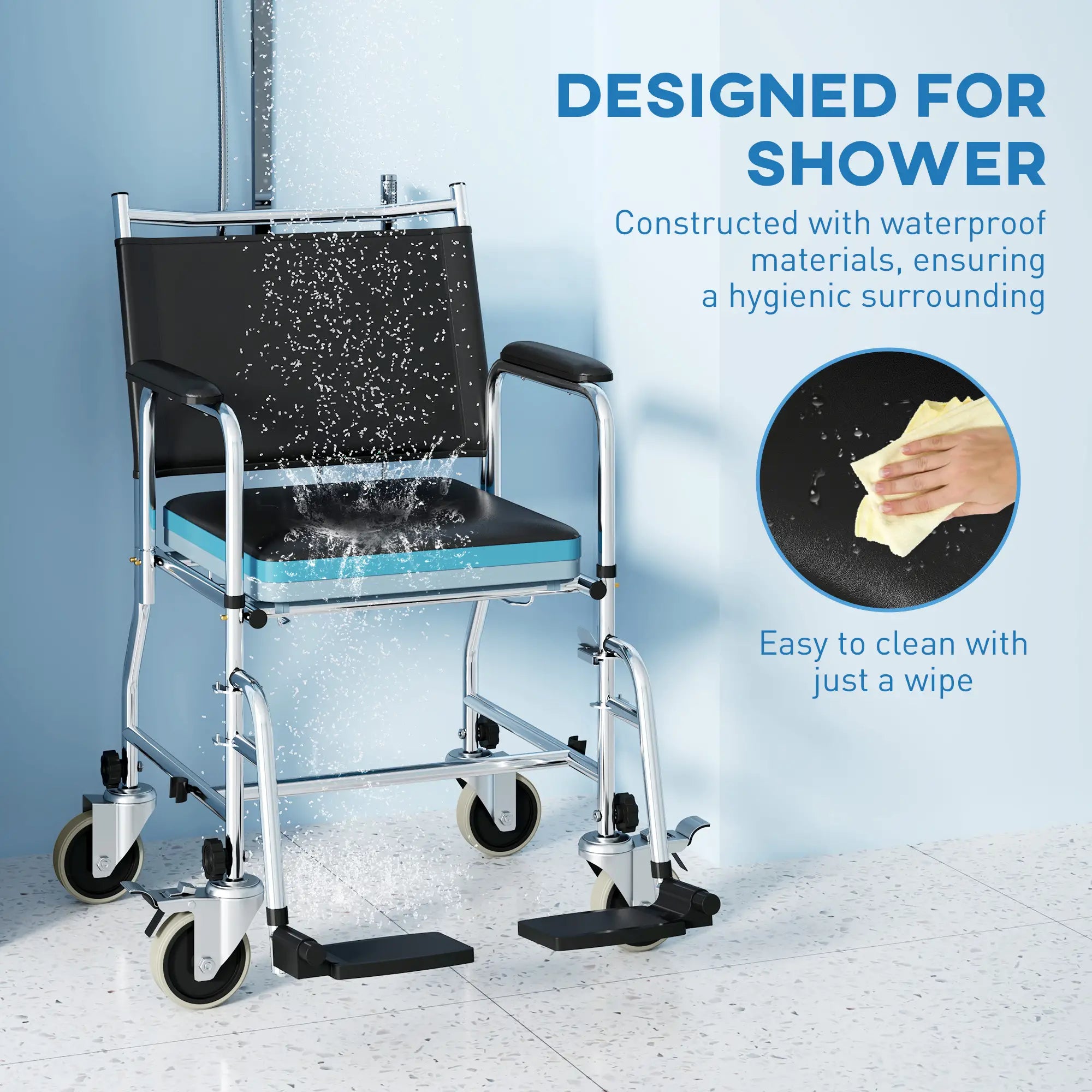 Rolling Shower Chair, Bedside Commode Wheelchair, Padded Seat, 300 lbs, Black Bath Chairs at Gallery Canada