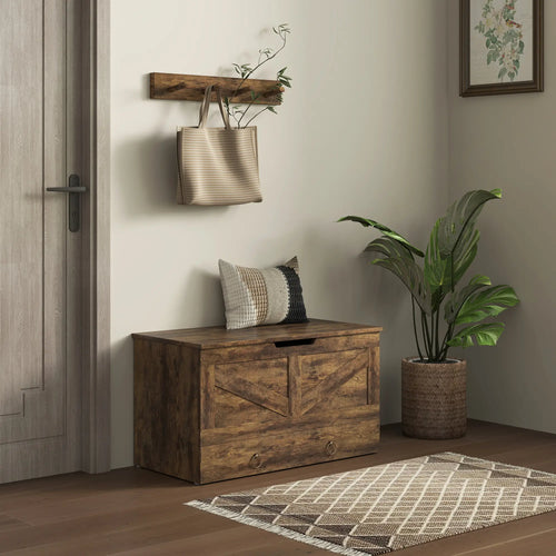 31.5 Inches Storage Chest, Wooden Box, Rustic Brown, Brown
