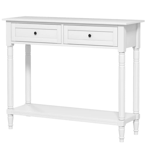 Modern Hallway Console Table, 2 Drawers, Storage Shelf, Turned Legs, White