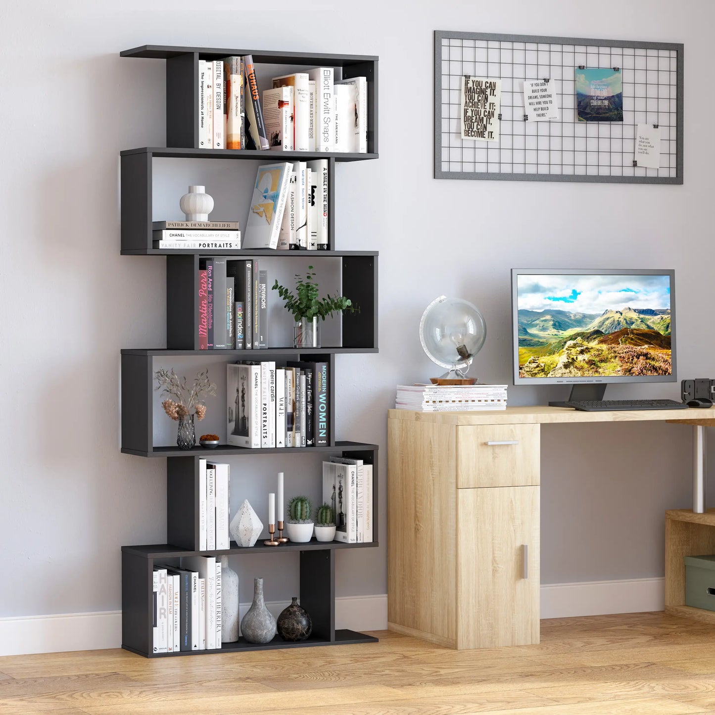 Wooden S Shape Bookcase, 6 Shelves, Storage Display, Home Office Display Bookshelves at Gallery Canada