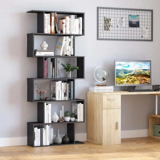 Wooden S Shape Bookcase, 6 Shelves, Storage Display, Home Office Display Bookshelves Black at Gallery Canada