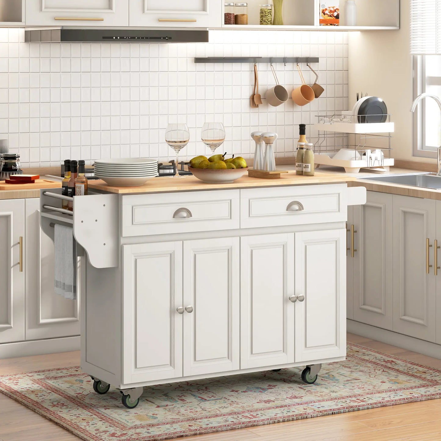 Kitchen Island with Storage, Drop Leaf, Rubber Wood Top, Cream White Kitchen Islands & Kitchen Carts at Gallery Canada