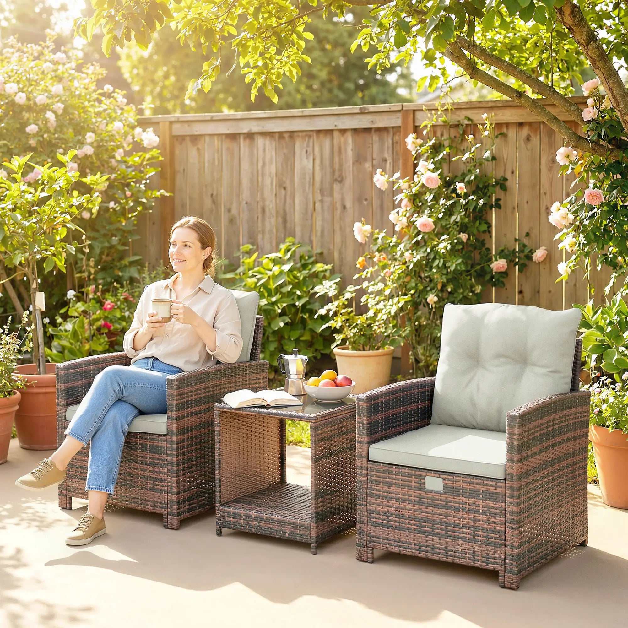 5 Piece Patio Set, Wicker Chairs With Ottomans, Glass Coffee Table, Brown Cream Patio Furniture Sets at Gallery Canada