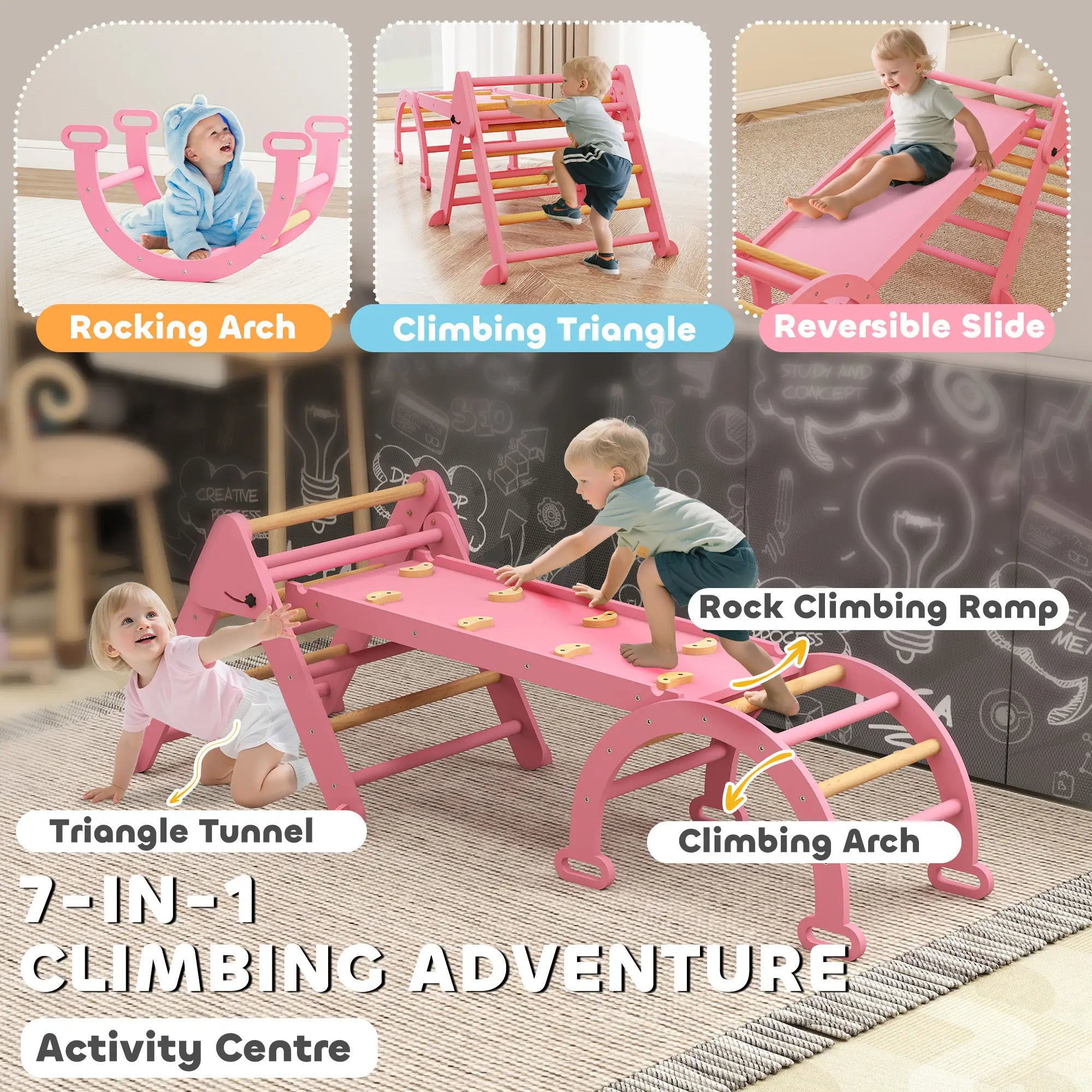 7-in-1 Pikler Triangle Set, Foldable Wooden Climbing Toys, Pink Kids Gym & Playmats at Gallery Canada
