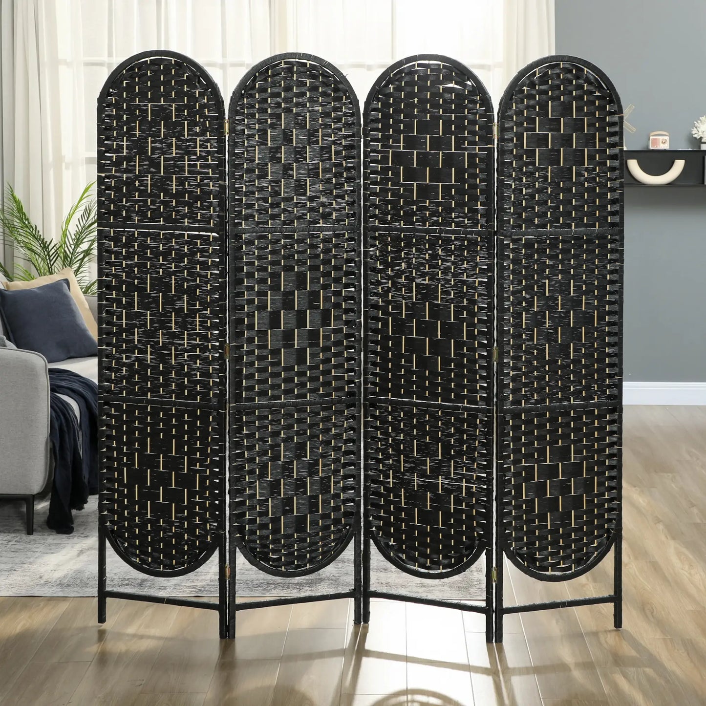 Bohemian Privacy Screen, 4 Panel Folding Room Divider, Arched Top, Black Room Dividers at Gallery Canada