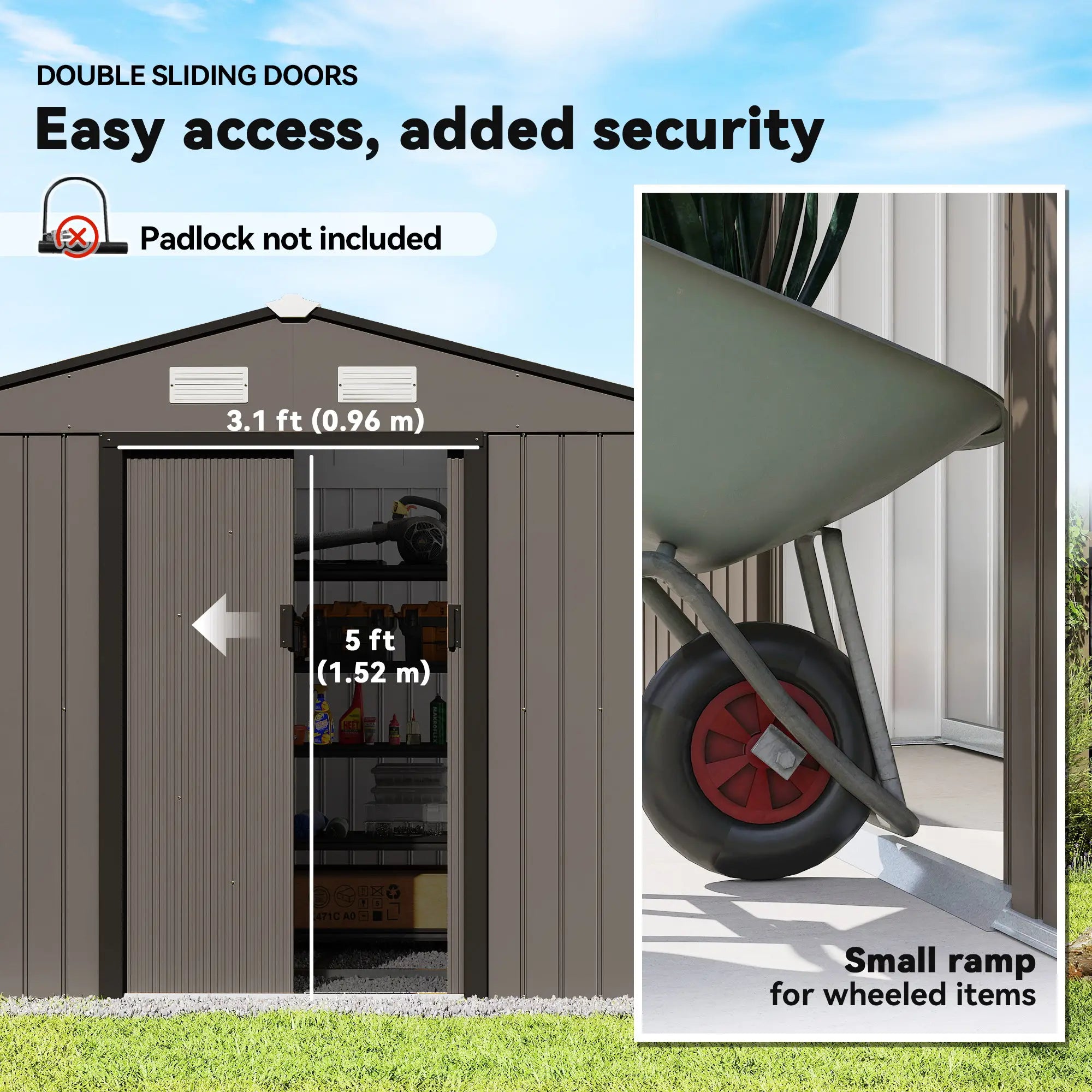 9.1'x6.4'x6.3' Garden Storage Shed, Foundation Kit, Metal Tool House, Double Doors, Brown Sheds at Gallery Canada