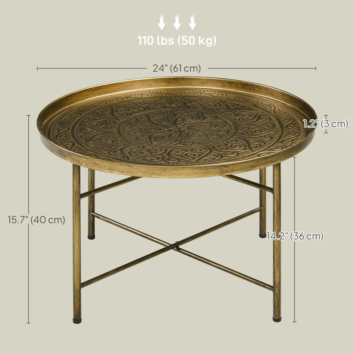 Table Basse Vintage, 24" Ronde, Plateau Martelé, Cadre Métallique, Doré