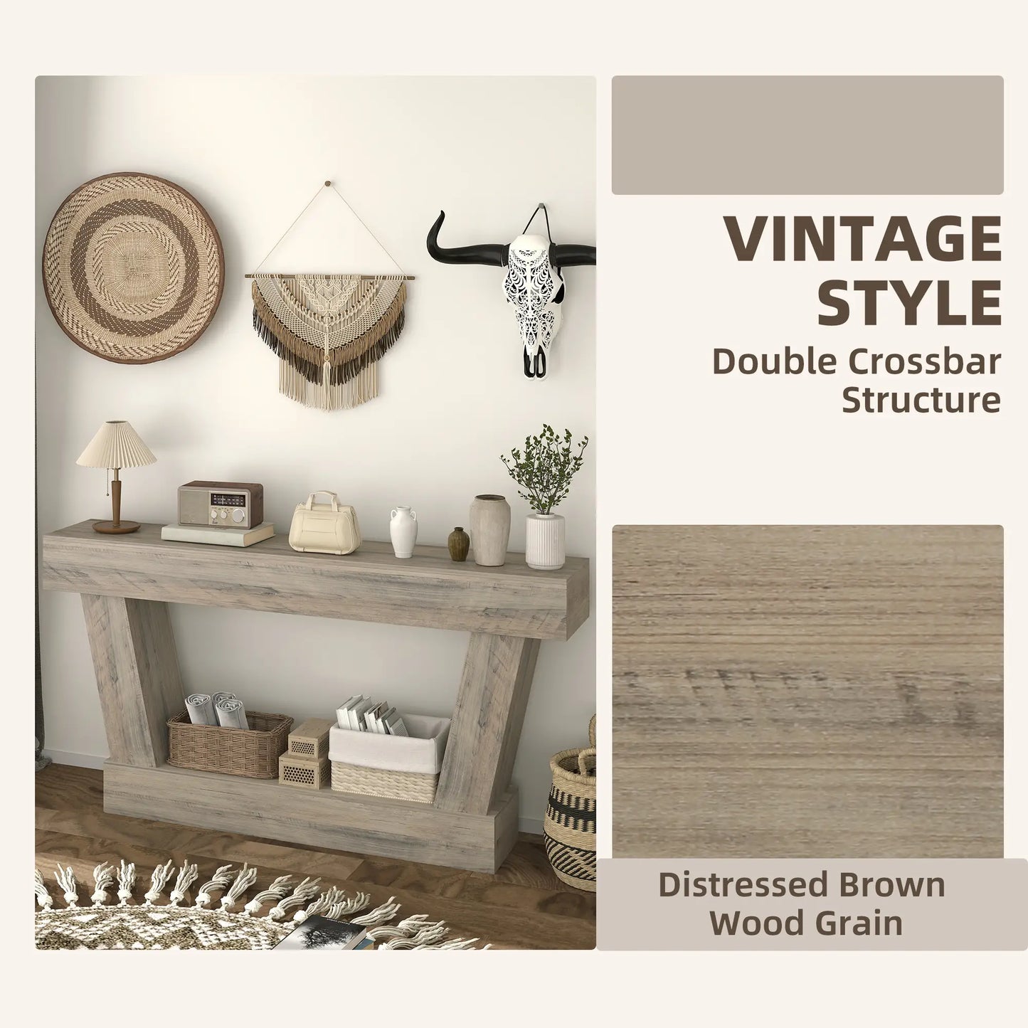 63 Inch Vintage Console Table, Narrow Entryway Table with Shelf, Light Brown Console Tables at Gallery Canada