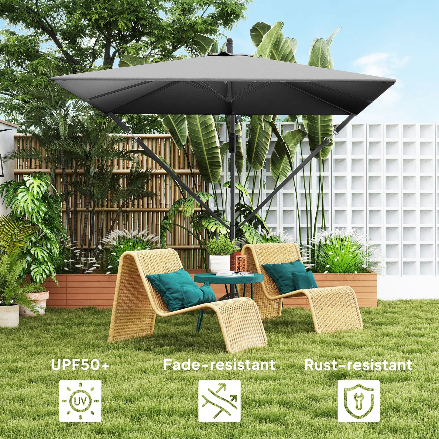 Patio Offset Umbrella, Crank Parasol With Base, Cover, Wind Securing, Khaki Offset Cantilever Umbrellas at Gallery Canada