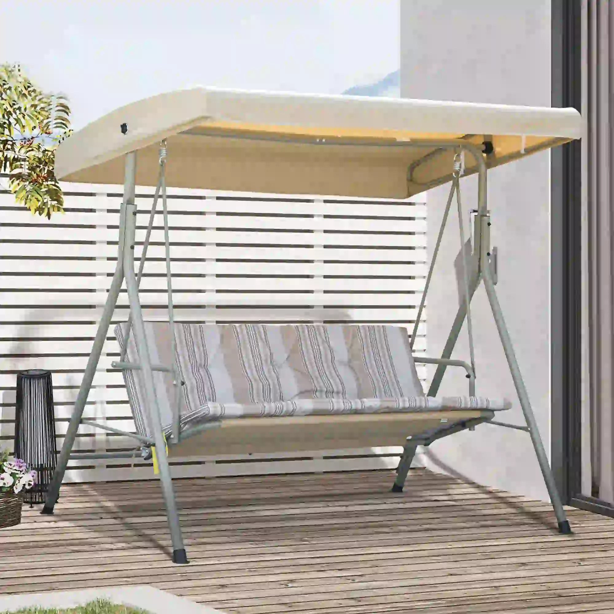 3-Seat Patio Swing Chair, Adjustable Canopy, Light Brown Patio Swings with Stand at Gallery Canada