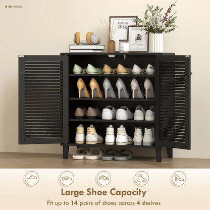 Shoe Cabinet With Adjustable Shelves, 2 Doors, Black, Black