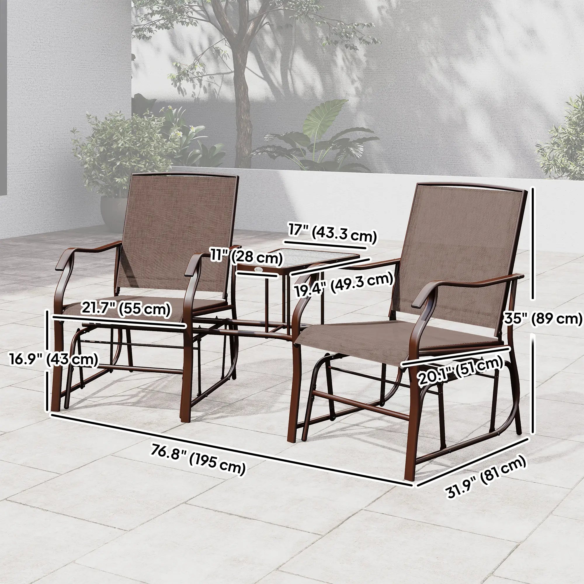 Double Glider Chair, Glass Top Table, High Back, Sling Fabric, Brown Outdoor Gliders at Gallery Canada