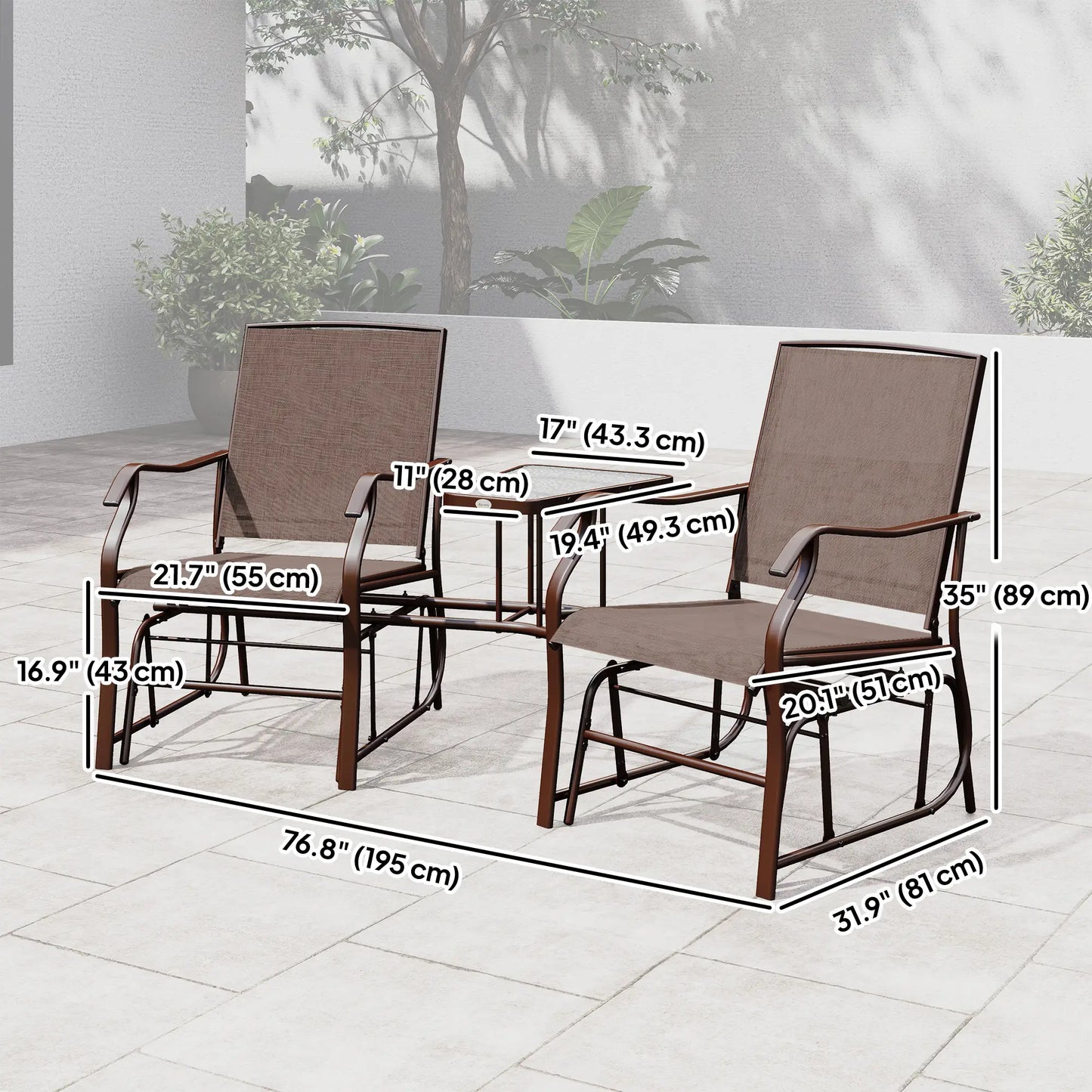 Double Glider Chair, Glass Top Table, High Back, Sling Fabric, Brown Outdoor Gliders at Gallery Canada