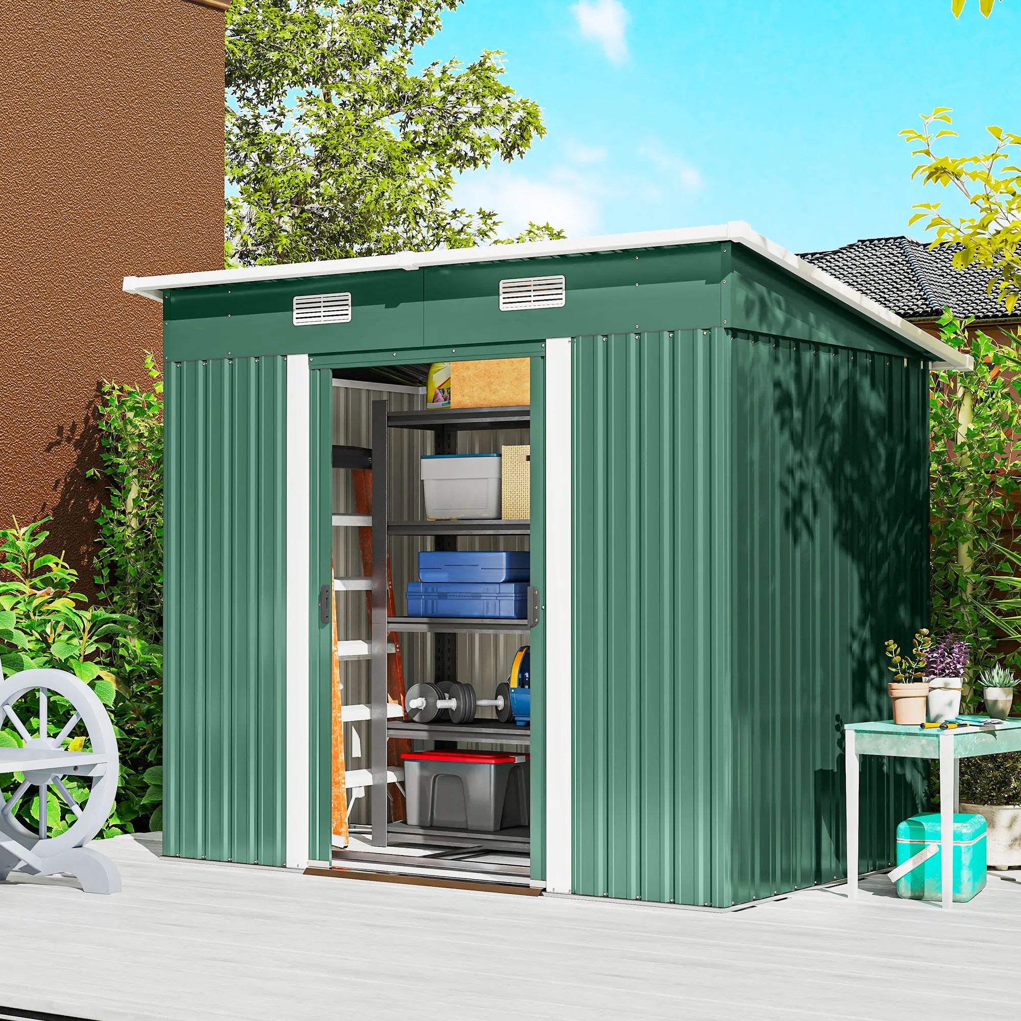 7'x 4' Metal Patio Storage Shed, Garden Tool Utility Unit, Green Sheds at Gallery Canada