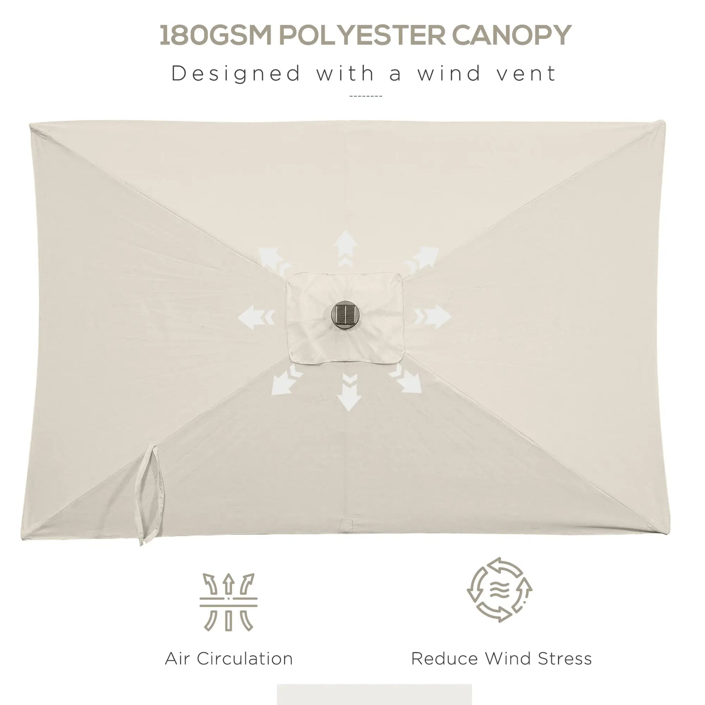 6' x 10' Rectangular Patio Umbrella, 22 LED Solar Lights, Tilt, Crank, Beige Sun Umbrellas at Gallery Canada