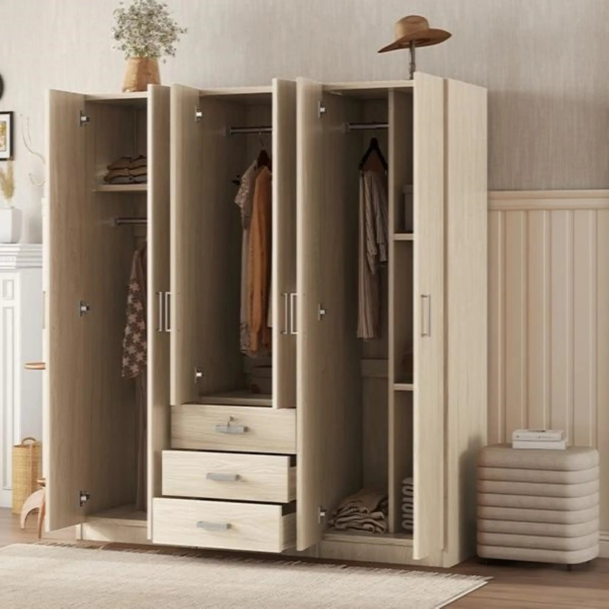 Wooden Wardrobe, 3 Drawers, MDF, Silver Handles, 71