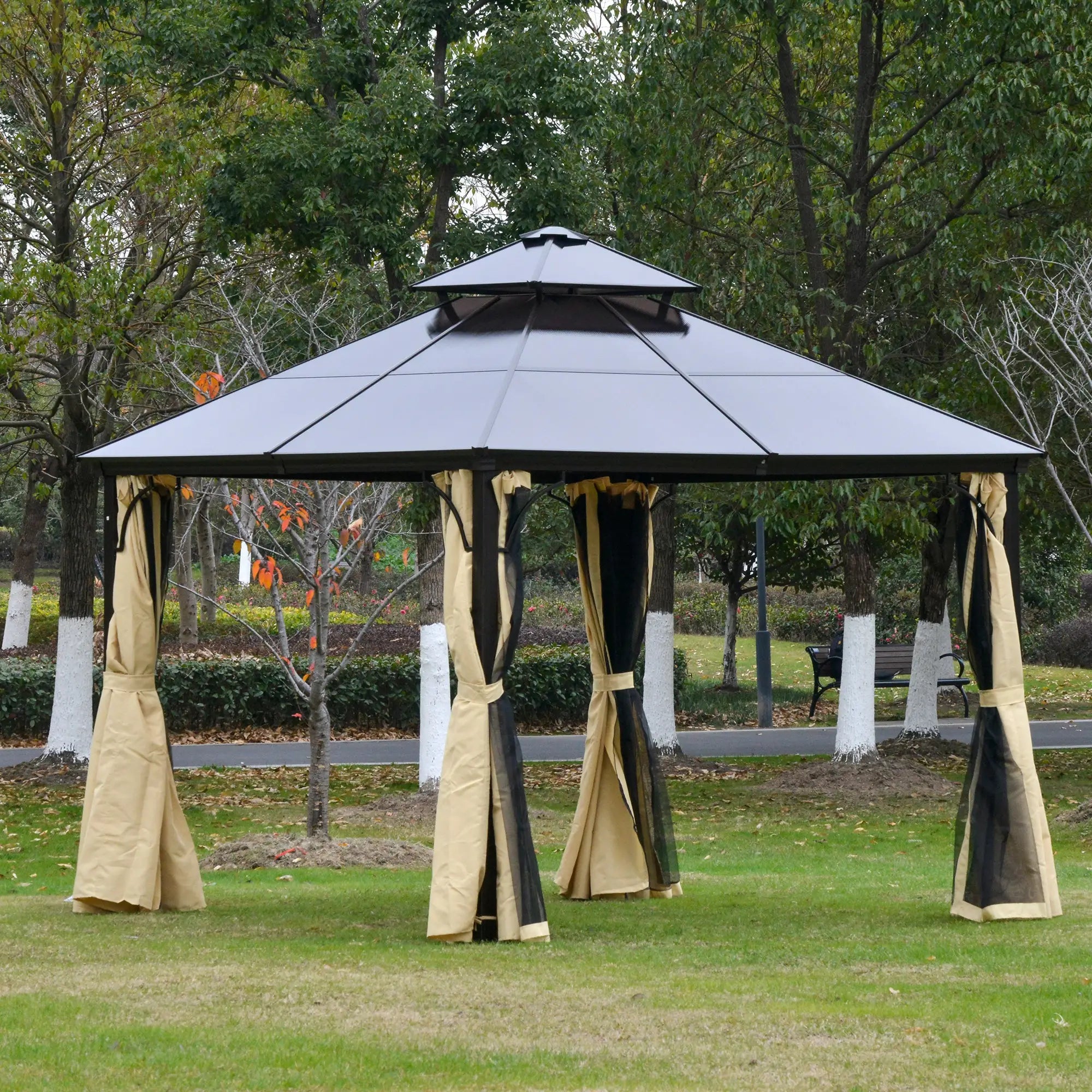 10' x 10' 2-Tier Outdoor Gazebo, Polycarbonate Roof, Beige Gazebos at Gallery Canada
