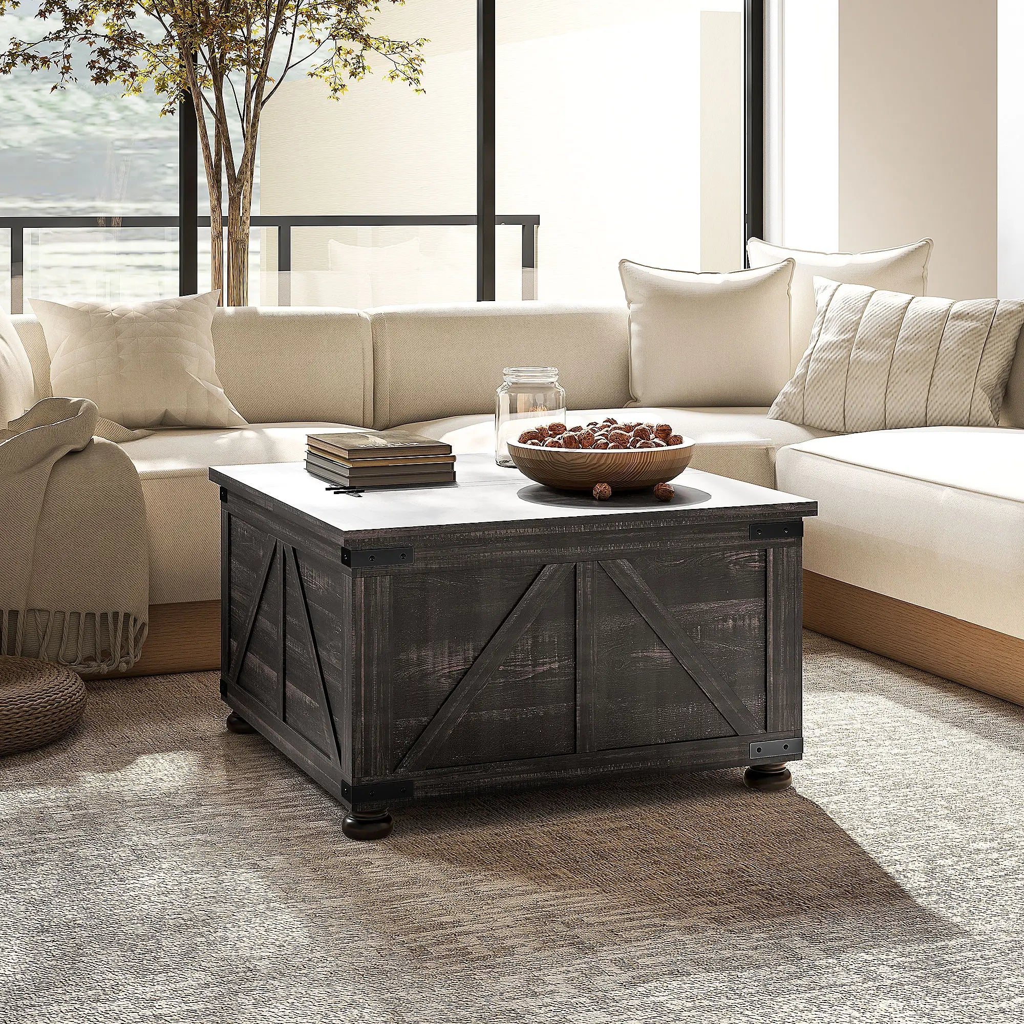 Farmhouse Coffee Table, Square Flip-Top Lid, Hidden Storage, Distressed, Brown Coffee Tables at Gallery Canada