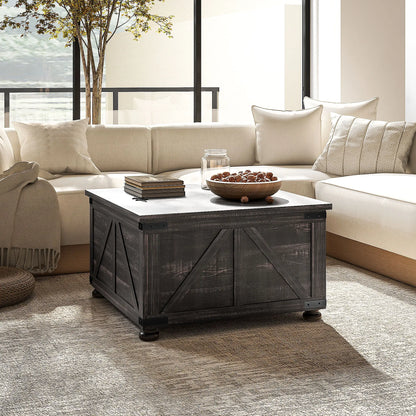 Farmhouse Coffee Table, Square Flip-Top Lid, Hidden Storage, Distressed, Brown Coffee Tables at Gallery Canada