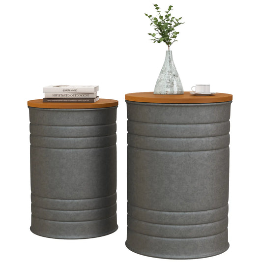 Round Side Table Set of 2, Nesting Coffee Tables, Wooden Lid, Galvanized Frame, Hidden Storage, Grey