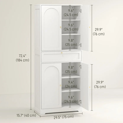 72.4" Tall Kitchen Pantry Cabinet, Shaker Doors, Adjustable Shelves, White Kitchen Pantry Cabinets at Gallery Canada