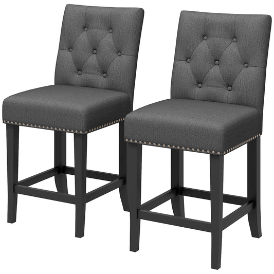 Fabric Bar Stool Set of 2, Tall 25.6" Seat Height Bar Chairs with Tufted Back &; Wood Legs, Dark Grey - Gallery Canada